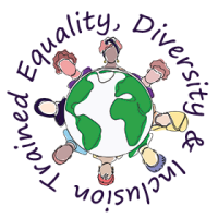 Equality, Diversity & Inclusion Trained - With SAM Conveyancing. An illustration of the globe surrounded by people of diverse backgrounds.