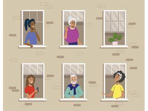 Illustration of diverse residents looking out the windows of a brick apartment building | SAM Conveyancing's guide to share of freehold