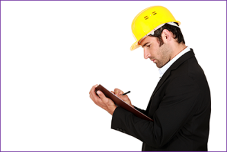 Non intrusive survey vs intrusive survey from SAM Conveyancing. A surveyor in a suit and yellow hard hat makes notes on his clipboard.