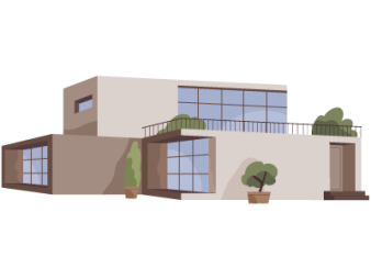 Illustration of a modern concrete house with large glass windows and flat roofs | SAM Conveyancing's guide to buying a concrete house