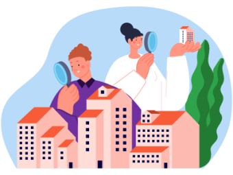 Two investors with magnifying glasses overlooking various houses. SAM Conveyancing runs through the best buy to let areas