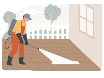A specialist getting rid of weeds in a decked back garden. SAM Conveyancing answers 'can horsetail damage foundations?'