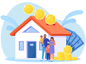 A family stood outside of their home next to a stack of coins. SAM Conveyancing explains how to change from tenants in common to joint tenants