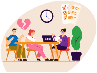 A separated couple sat opposite a solicitor handling their transfer of equity. SAM Conveyancing answers 'do i have to pay half the mortgage if i move out?'