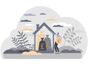 A man stood next to a house holding a pound coin, surrounded by grey clouds and weeds. SAM Conveyancing answers the question 'Do you have to inform Land Registry when someone dies?'