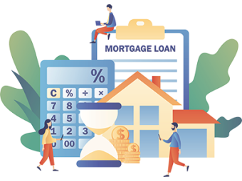 EA house with financial elements like a large calculator, hourglass, gold coins, and a ‘Mortgage Loan’ clipboard. Three first time buyers are interacting with phones and laptops. | SAM Conveyancing’s guide to best mortgage advice for first time buyers