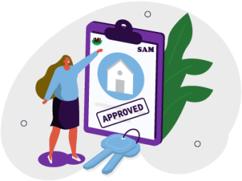 A woman who used SAM Conveyancing to purchase her Help to Buy Wales home pointing at an approval document whilst her home's keys are laid next to it.