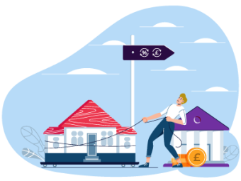 A man dragging his home towards a government building sat next to a stack of coins. SAM Conveyancing explains help to buy remortgage difficulties