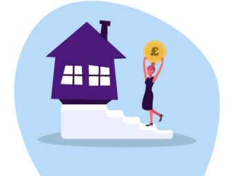 A woman holding a big pound coin, going up a staircase towards her home. Help to Buy Staircasing with SAM Conveyancing