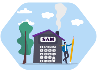 A man holding a big pencil stood next to a home that looks like a calculator, with a tree and clouds to the left and above. SAM Conveyancing can help with your Help to Buy RICS valuation