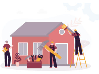 Three contractors with big tools doing renovation work on a house. SAM Conveyancing explains how much does a house renovation cost