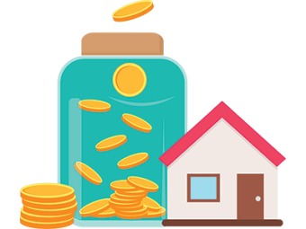 A house next to a jar filled with coins, with additional coins stacked beside it. SAM Conveyancing guide on income needed for buying property.