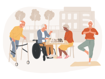 A selection of multicultural retirees enjoying some activities in their community.