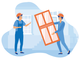 Two installers fitting a new window. SAM Conveyancing can help you with a survey for any failed double glazing repairs.