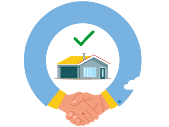 An arm extending to meet itself to shake hands, with a house and a green tick in the middle. SAM Conveyancing explains what a house offer subject to survey is