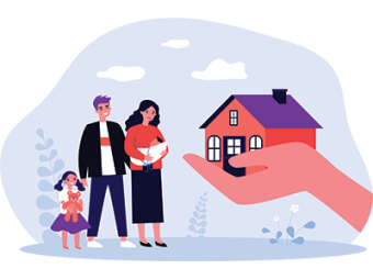 A family of four looking toward a small house being held out in a large hand | SAM Conveyancing's guide to gifted deposits and family loans for first-time buyers