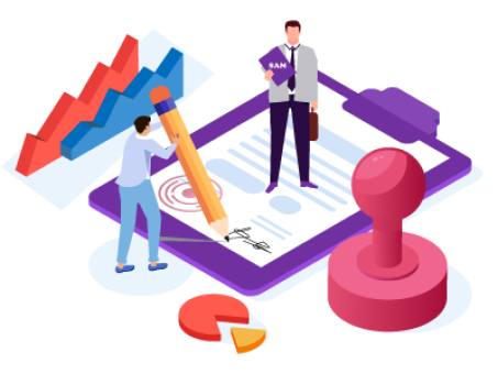 Two men stood atop an AS1 Form document, one holding a big pencil and the other holding a clipboard. SAM Conveyancing explains what a deed of assent of property is