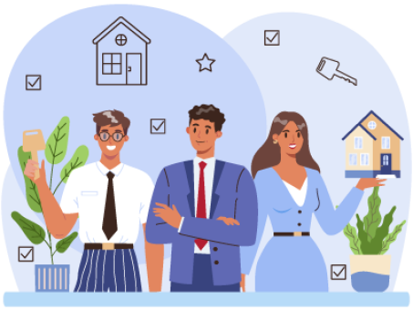 A trio of smartly dressed people with one person holding a key and another holding a model house, with two potted plants either side of the trio. SAM Conveyancing explains the Help to Buy ISA scheme, how it works, and how to claim the bonus