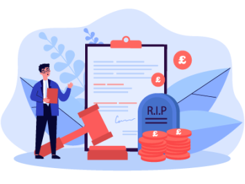 A man stood next to a gavel, a probate document, two stacks of coins, and a headstone. SAM Conveyancing advises on getting a house valuation for probate