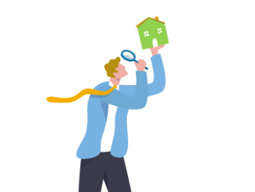 A man holding a magnifying glass and a model house. Learn what to look for when viewing a house with SAM Conveyancing.