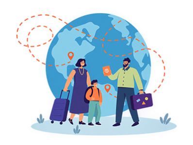 A family with a globe behind them moving from overseas to the UK | SAM Conveyancing's guide to stamp duty for overseas buyers