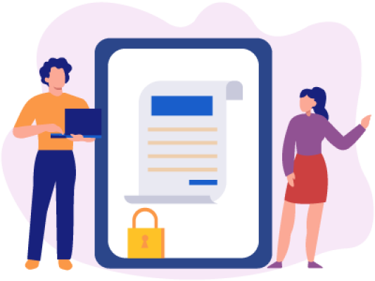 Two people stood next to a framed document with a padlock at the bottom. SAM Conveyancing explains how an attended exchange of contracts works