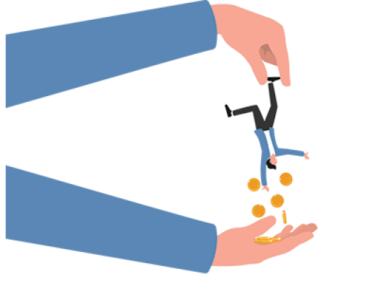 An illustration of a man being shaken up and down trying to reclaim his second home stamp duty from HMRC