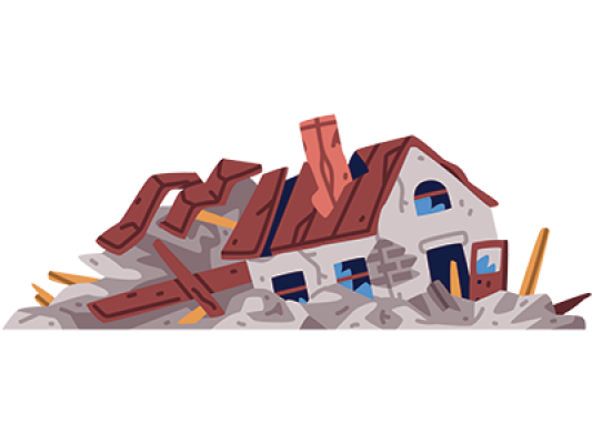 An illustration of a home which lies in ruins after its owner ignored structural movement in a house. 