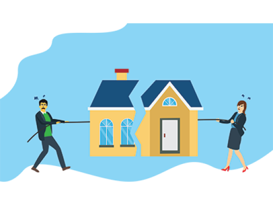 An illustration of a man and woman having a dispute over claim to a property when selling 