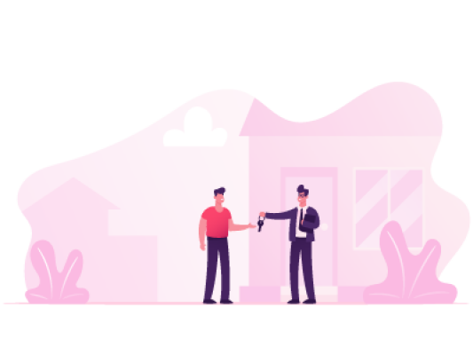 Two men exchanging keys outside of a terraced house. SAM Conveyancing answers 'what is a terraced house?' and offers a complete guide to buying one