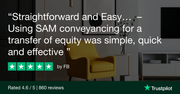 Trustpilot Review showing a bright home with a sunny yellow armchair. Text reads: 'straightforward and easy... using sam conveyancing for a transfer of equity was simple, quick and effective.' ***** by fb. Rated 4.6/5 |860 reviews | trustpilot