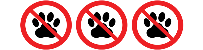 Can you have pets in a leasehold property and what you can do about a Leasehold No Pets Clause, from SAM Conveyancing. A red strike-through circle containing a black paw print.