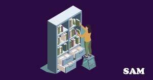 An illustration of a woman and a filing shelf showing her registering her deed of trust with SAM-Conveyancing