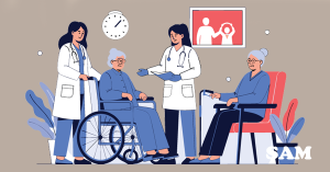 2 elderly ladies a doctor and a nurse in a care home depicting deprevation of assets