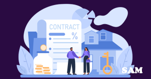 A man and a woman shaking hands on a mortgage offer outside of a house witgh a key