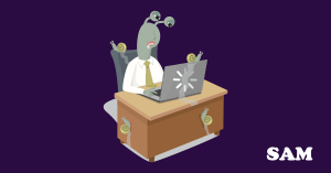 A tired snail working at a laptop showing an inefficient conveyancing solicitor