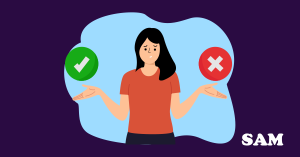 A woman with a green tick and red cross choosing if a HomeBuyers Survey is worth getting or not