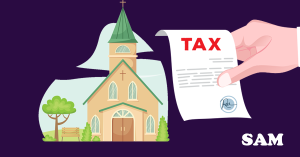 Chancel Repair Liability Insurance showing a hand with a tax bill and a church