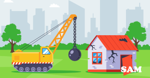 Demolish the old building with special equipment depicting the house rebuild cost or reinstatement value