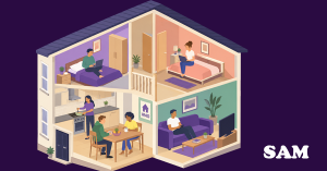 Illustration of a four-bedroom HMO house with tenants in shared living spaces, bedrooms and a communal kitchen | SAM Conveyancing's guide to HMOs