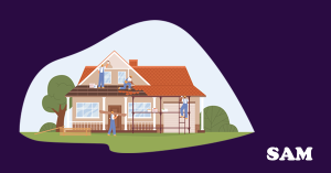 Illustration of construction workers building and painting a house roof and exterior | SAM Conveyancing's guide to the conveyancing process for a new build 