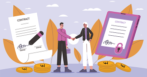 A solicitor and a client shaking hands with legal documents and the report on title