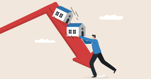 A cartoon depicting someone trying to prevent two houses from sliding down a red arrow with a downward trajectory, symbolising property sales falling by 50%. August 2023 Housing Market Report from SAM Conveyancing A cartoon depicting someone trying to prevent two houses from sliding down a red arrow with a downward trajectory, symbolising property sales falling by 50%. August 2023 Housing Market Report from SAM Conveyancing