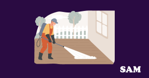 A specialist getting rid of weeds in a decked back garden. SAM Conveyancing answers 'can horsetail damage foundations?'