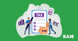 A couple filling in their tax return form whilst a piggybank, graphs, and a calculator surround them. SAM Conveyancing explains Capital Gains Tax for married couples
