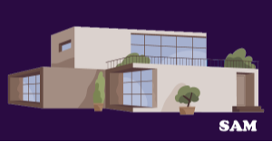 Illustration of a modern concrete house with large glass windows and flat roofs | SAM Conveyancing's guide to buying a concrete house