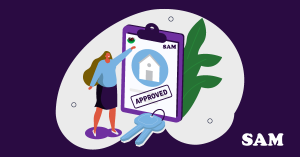 A woman who used SAM Conveyancing to purchase her Help to Buy Wales home pointing at an approval document whilst her home's keys are laid next to it.