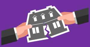 A cartoon of two hands pulling apart a house. Do I have to share my inheritance with my spouse UK, question answered by SAM Conveyancing