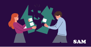 Illustration of a woman and a man pulling a green house shape apart | Sam Conveyancing's guide to property transactions after divorce