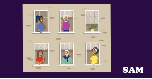 Illustration of diverse residents looking out the windows of a brick apartment building | SAM Conveyancing's guide to share of freehold